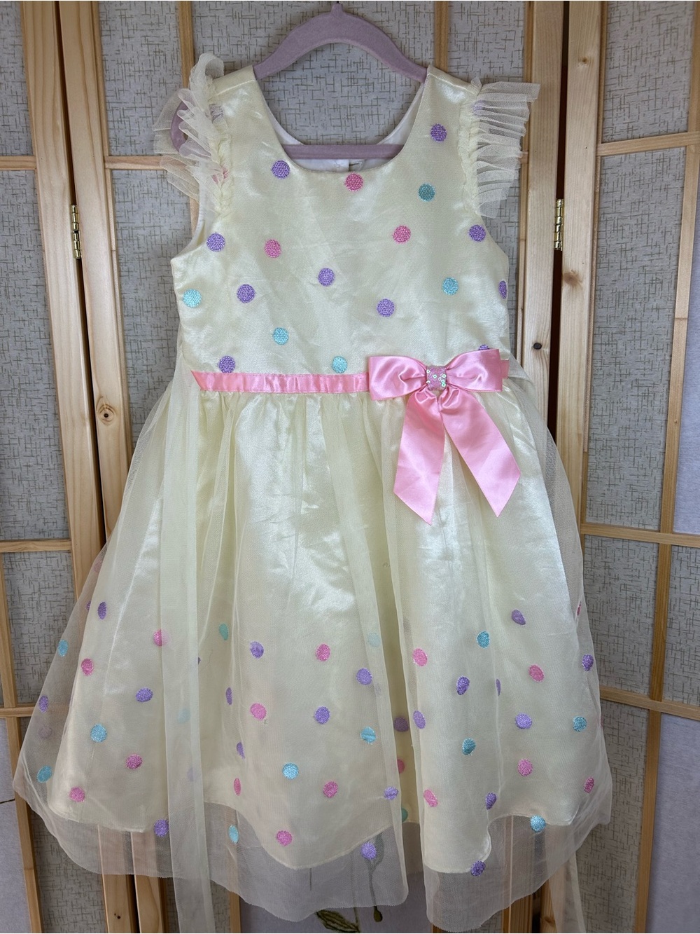 Jona Michelle Pastel Polka Dot Party Dress in Yellow with Pink Bow Accents